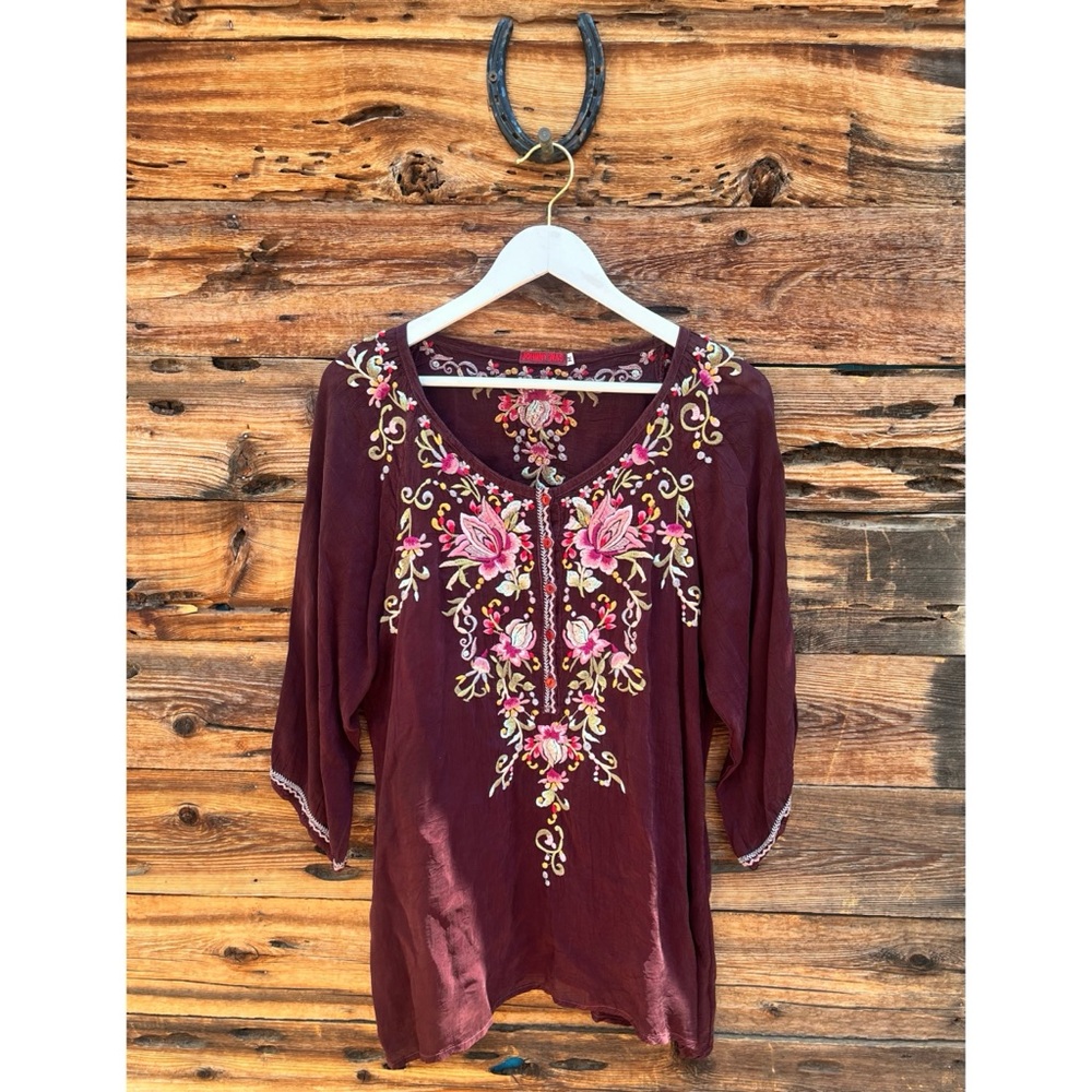 JOHNNY WAS | Burgundy Embroidered Rayon Tunic Blouse M